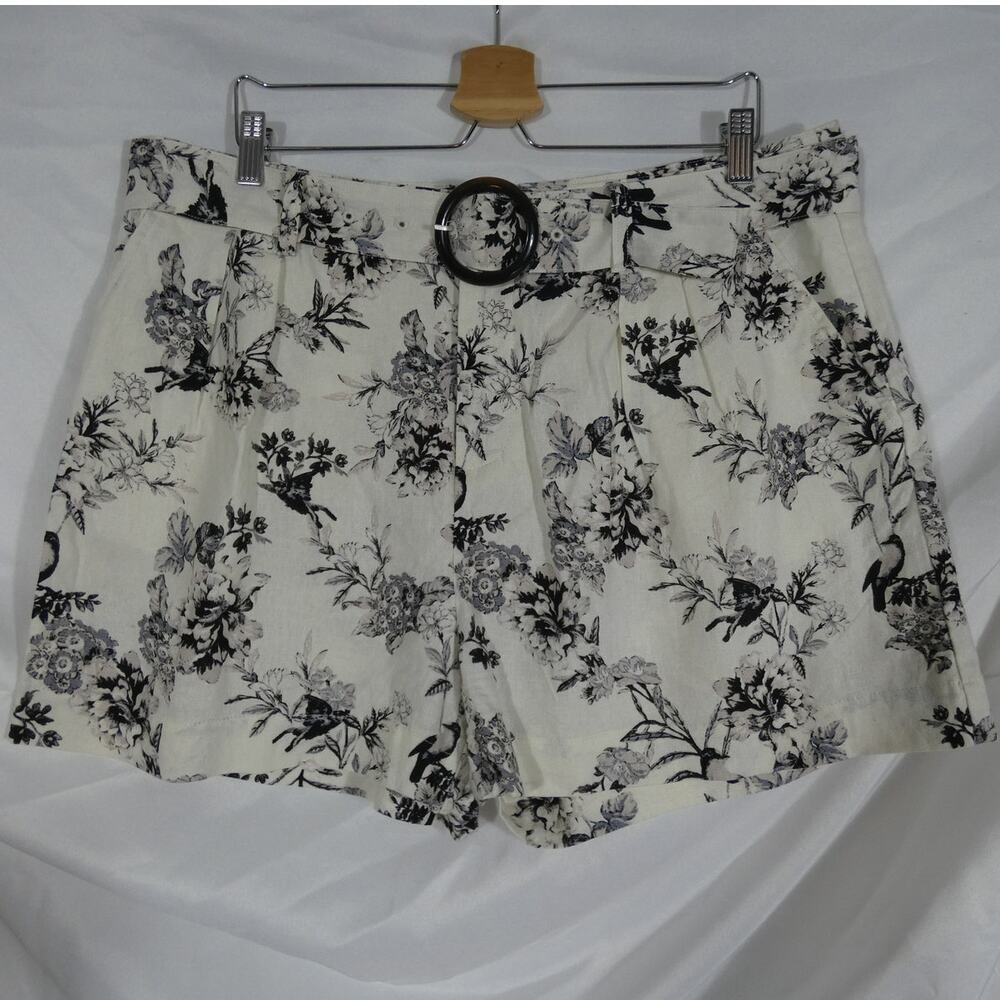 Who What Wear Women's 16 Linen Blend Floral Shorts Belted Pockets Pleated